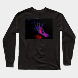 Digital collage, special processing. Hand laying on some wet surface. Psychedelic. Colorful. Blue, violet and red. Long Sleeve T-Shirt